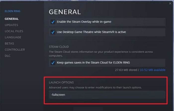 voeg een fulscreen-optie toe bij het starten van elden rings