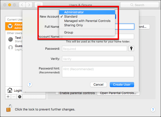 Gebruikersaccounttype kiezen