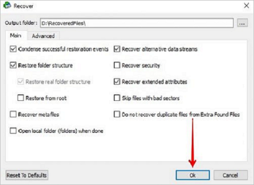 druk op ok na het markeren van de uitvoer