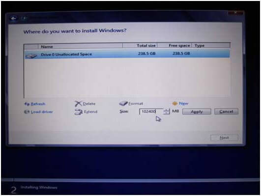 voer de partitiegrootte in