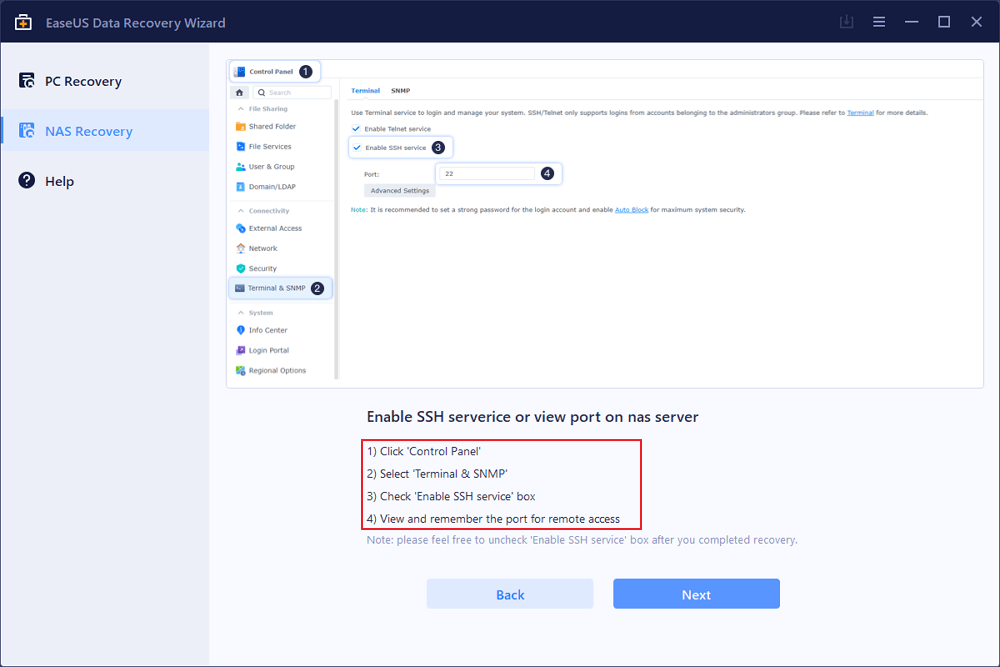 Schakel SSH-service in op de NAS-server.