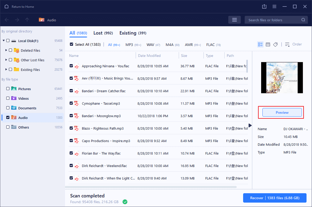 Voorbeeld gevonden audiobestanden