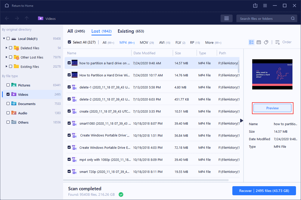 scan op verwijderde video's en klik op Voorbeeld