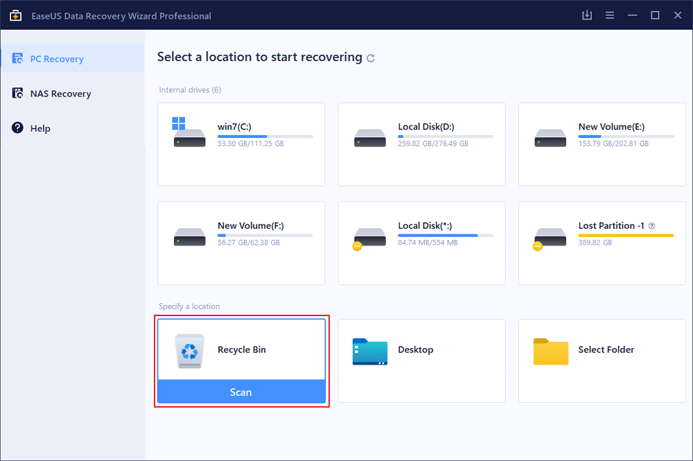 selecteer de prullenbak om te scannen