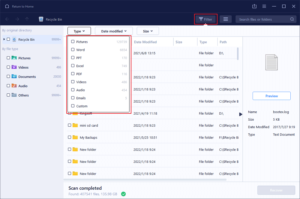 bestanden filteren om te herstellen