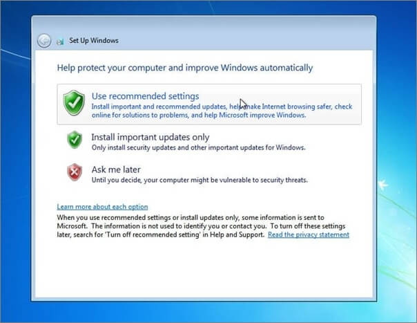 gebruik door Windows 7 aanbevolen instellingen