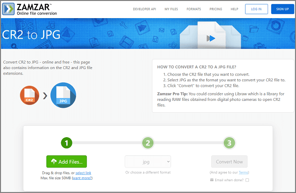 Zamzar cr2 naar jpg
