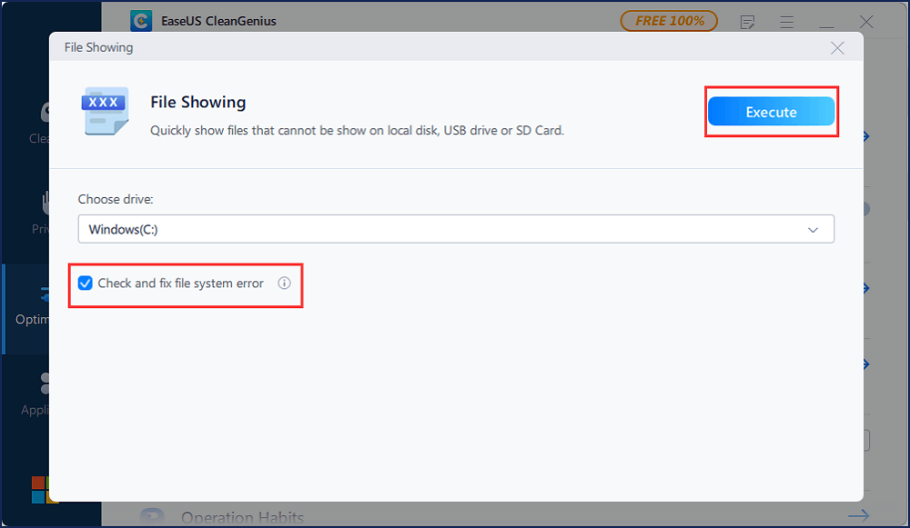 selecteer apparaat en controleer fix file system error