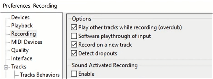 audacity neemt geen voorkeuren op