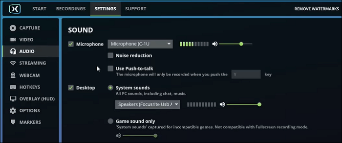 fbx game recorder audio-instellingen