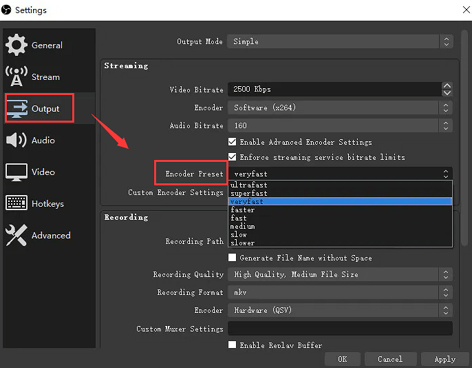 Pas de encodervoorinstelling aan