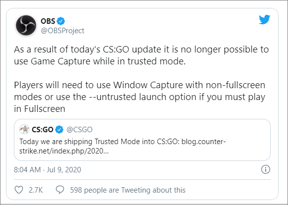 obs zijn niet compatibel om csgo-gameplay op te nemen