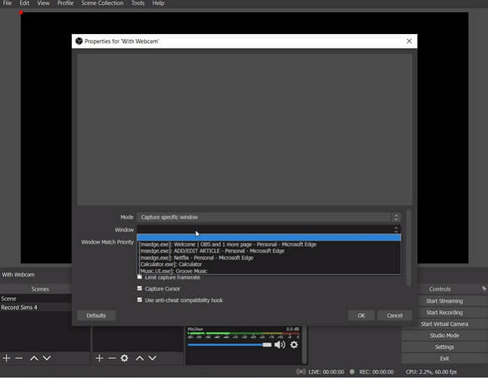 obs sims 4 instellingen voor game-opname