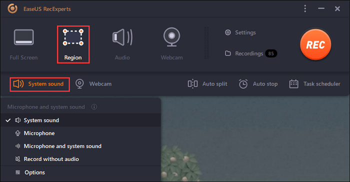 selecteer opnamegebied en audio