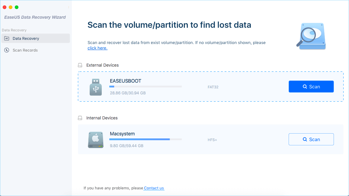 selecteer de flashdrive waar gegevens verloren zijn gegaan en klik op scannen