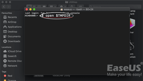 Typ de opdracht in Terminal om de map Tijdelijke items te zoeken