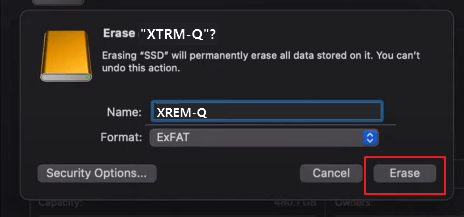 Bevestig om de externe harde schijf opnieuw te formatteren op Mac