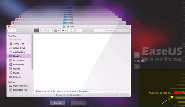 Gebruik tijdlijn om de vorige versie van verloren bestanden uit Time Machine-back-up te vindenStap 3. Dubbelklik op een specifiek bestand of een specifieke map om te controleren of de bestanden de vorige versies zijn die u wilt terugzetten.Stap 4. Selecteer de items van het verloren document en klik op Herstellen om de oude versies van bestanden op te halen.Herstel de vorige versie van het verloren document vanaf de Time Machine-back-up.