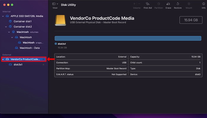 selecteer de usb flash drive
