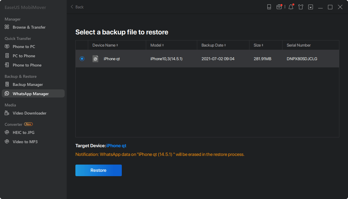 WhatsApp herstellen - selecteer back-up