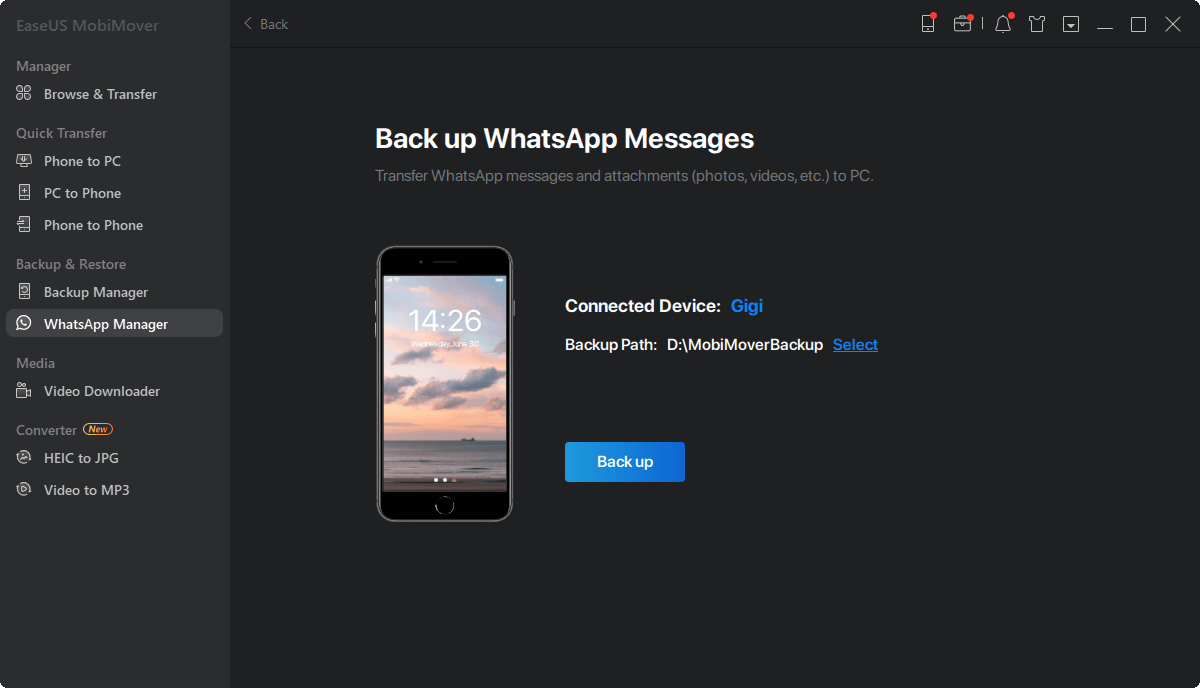 Maak een back-up van WhatsApp naar pc - selecteer back-uplocatie