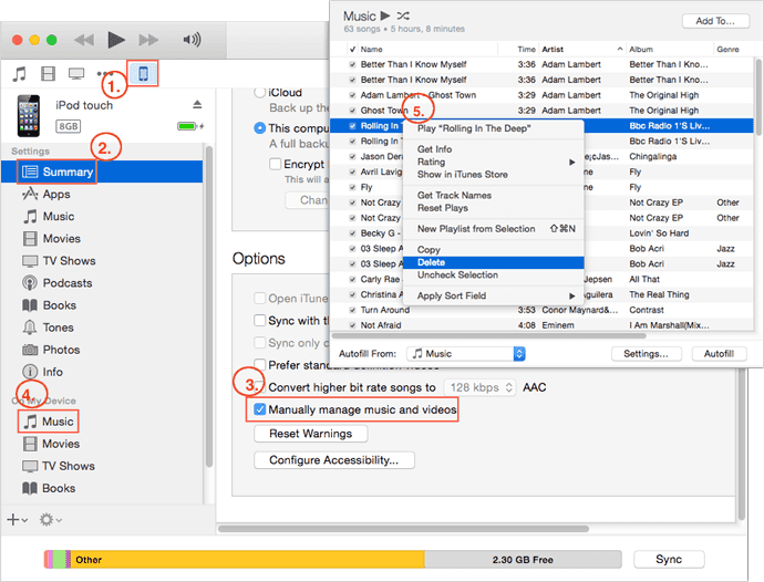 Verwijder alle nummers van de iPhone met iTunes
