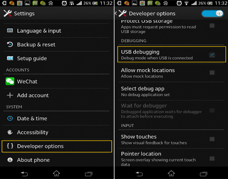 schakel USB-foutopsporing in op Android 3.0 tot 4.1.