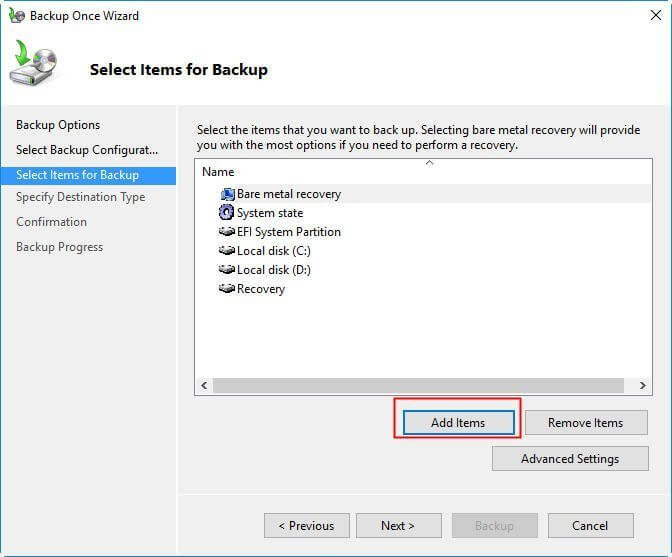 Back-upitems instellen