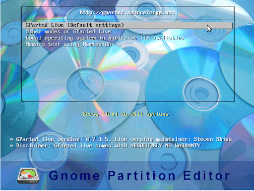 Start het systeem op met Gparted live