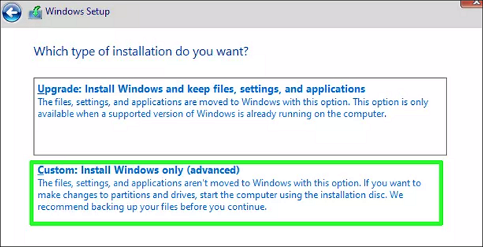 kies aangepaste installatie