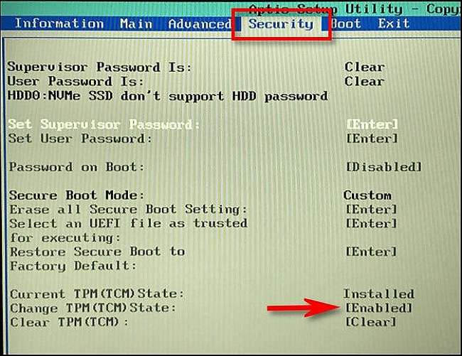 tpm inschakelen vanaf de beveiligingspagina