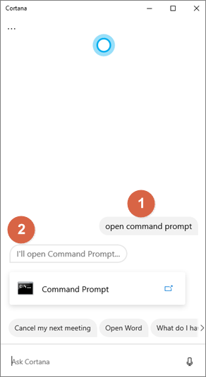 vraag cortana om de opdrachtprompt te openen