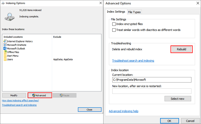 zoekindex opnieuw opbouwen