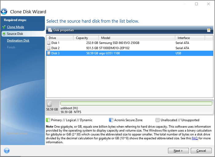 selecteer de bron harde schijf