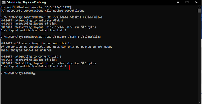 probeert te converteren, maar validatie van schijflay-out is mislukt voor schijf 1