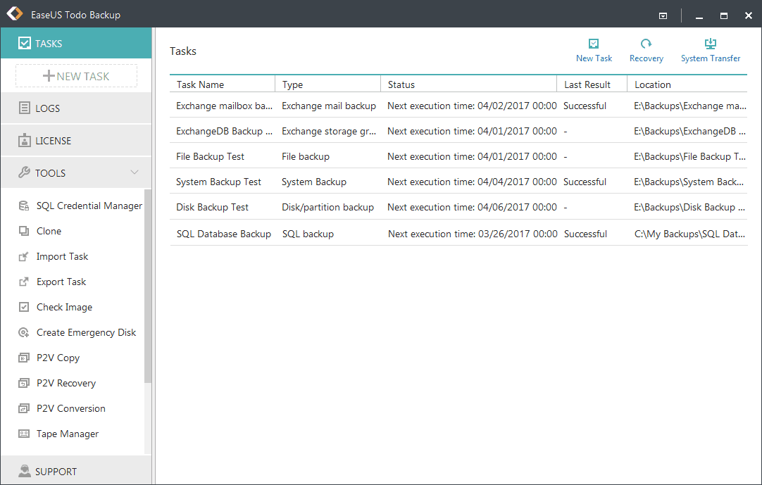 Main window of EaseUS backup software
