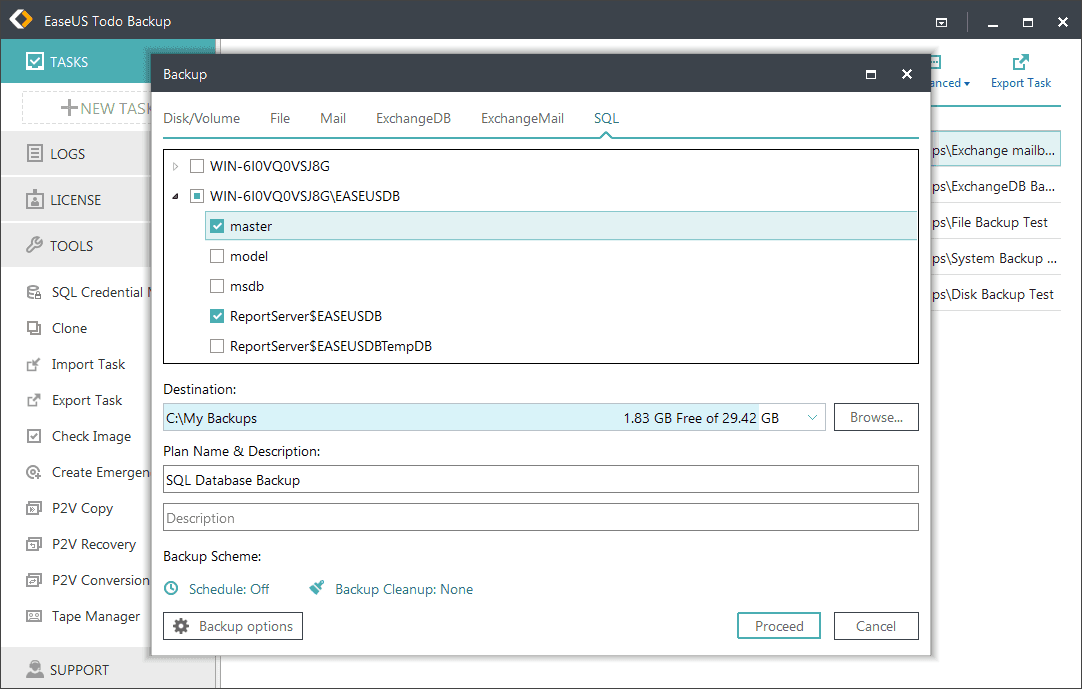 SQL backup with EaseUS Todo Backup