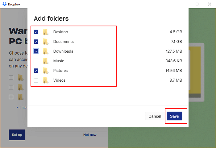 Selecteer computerbestanden om een back-up te maken naar dropbox