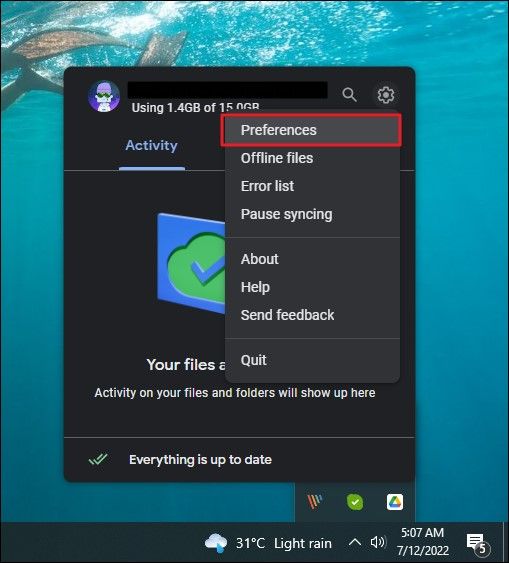 selecteer voorkeuren optie