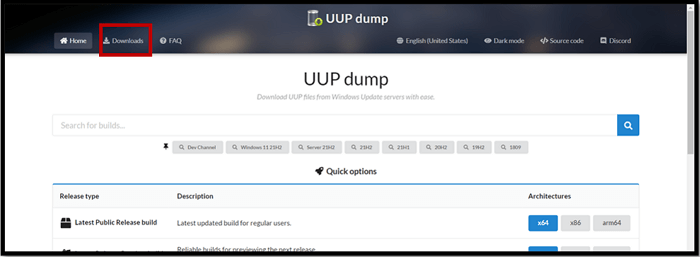 Open beschikbare downloads op de UUP Dump-pagina