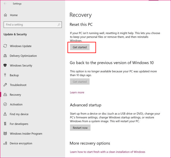Klik op Aanpassing om Windows 10 te resetten