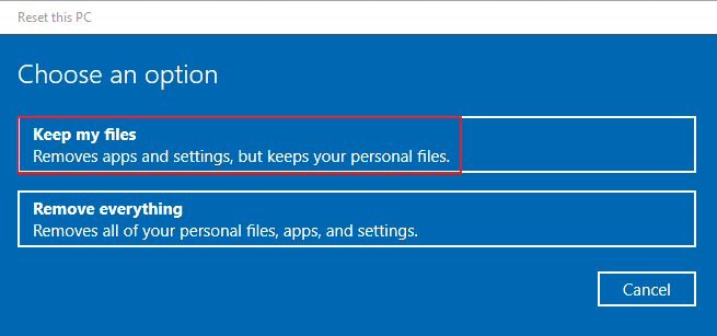 Selecteer welke modus u wilt resetten Windows 10