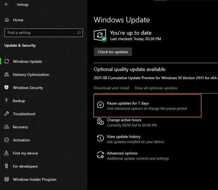 pauze windows 11 update voor 7 dagen