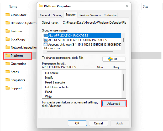Tabblad Platformbeveiliging