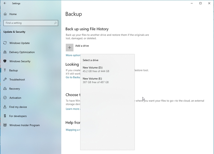 Selecteer Drive voor back-up van bestandsgeschiedenis