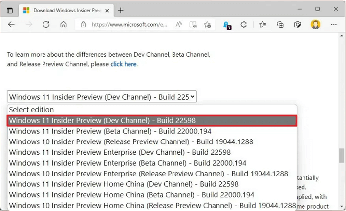 Selecteer de editie van het recente Windows 11 Insider Preview-bestand