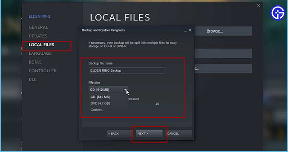 stel bestandsgrootte in en klik op volgende