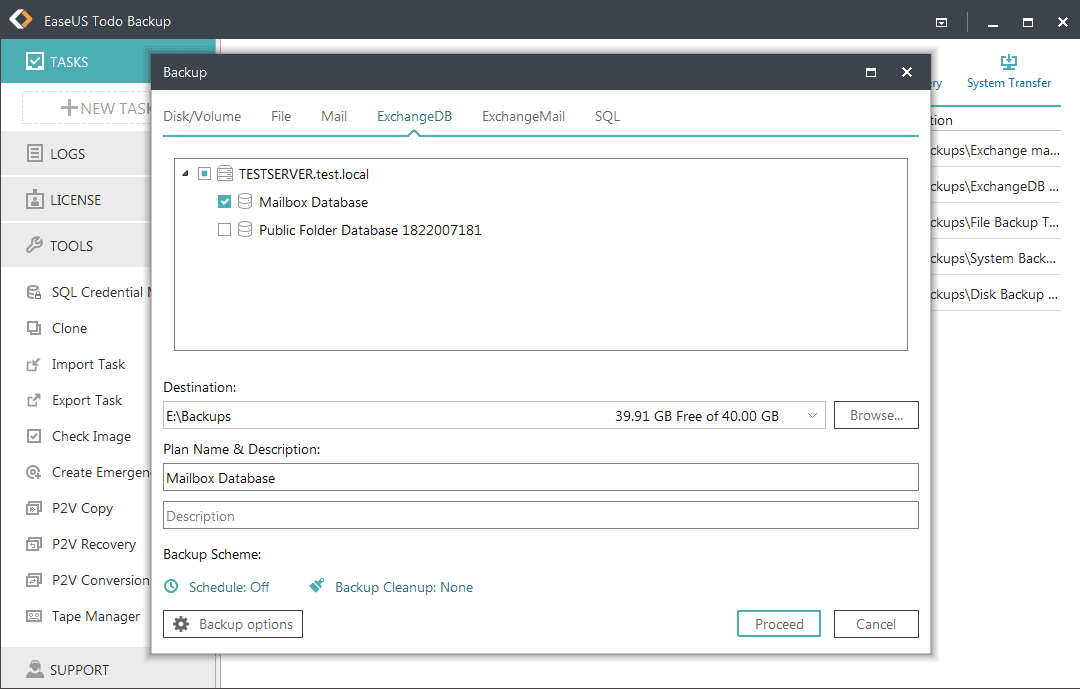 Exchange backup with EaseUS Todo Backup
