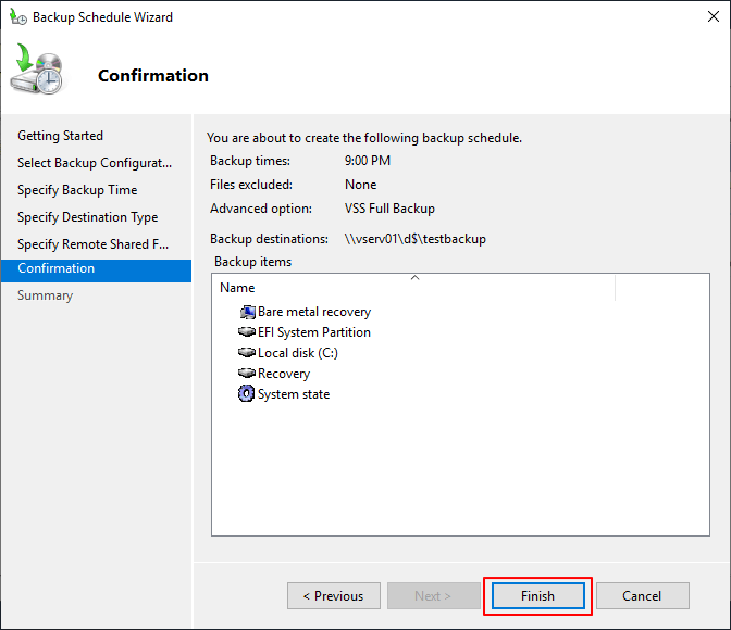 Bevestig om een back-up te maken van Windows Server