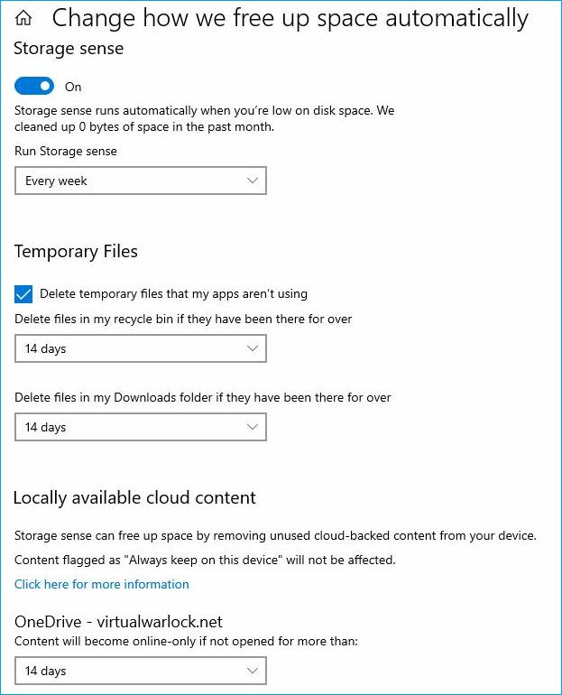 de standaardinstellingen van Storage Sense beheren